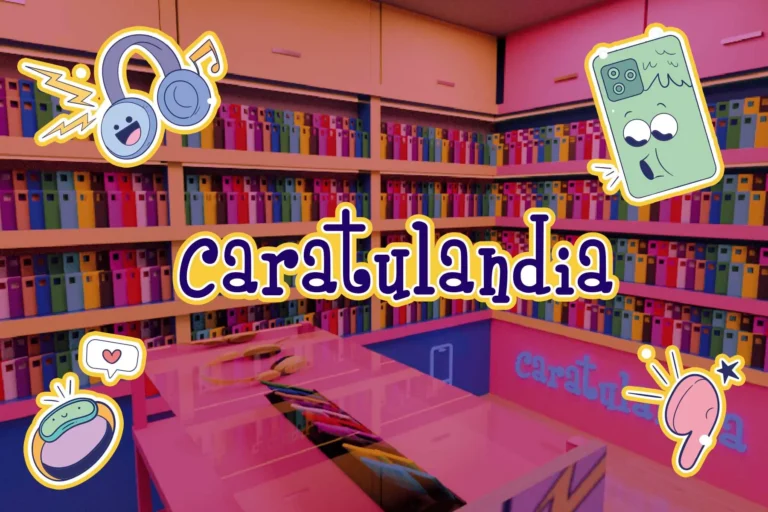 Logo de Caratulandia rodeado de ilustraciones