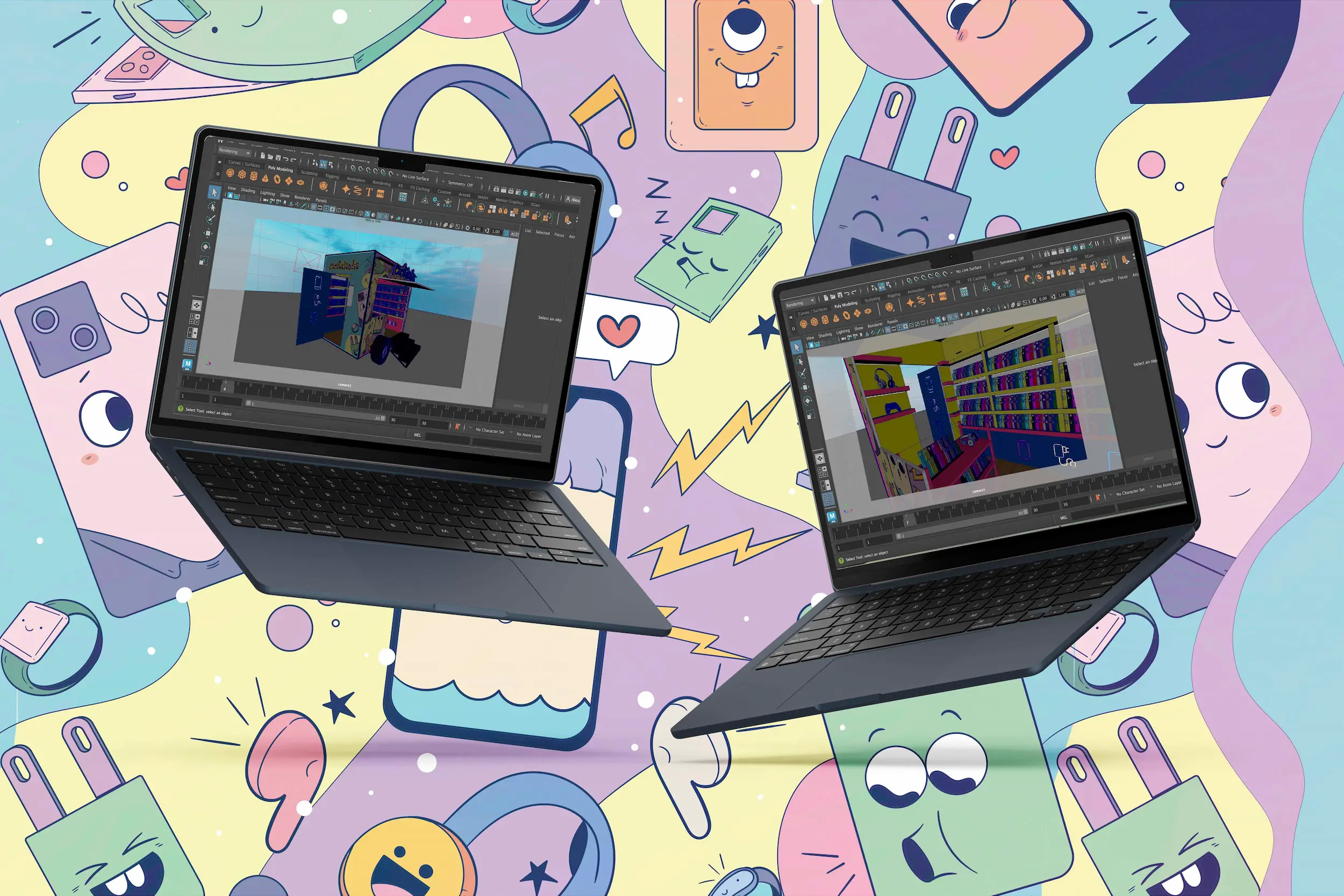 Laptops con renders del diseño de sucursal de Caratulandia