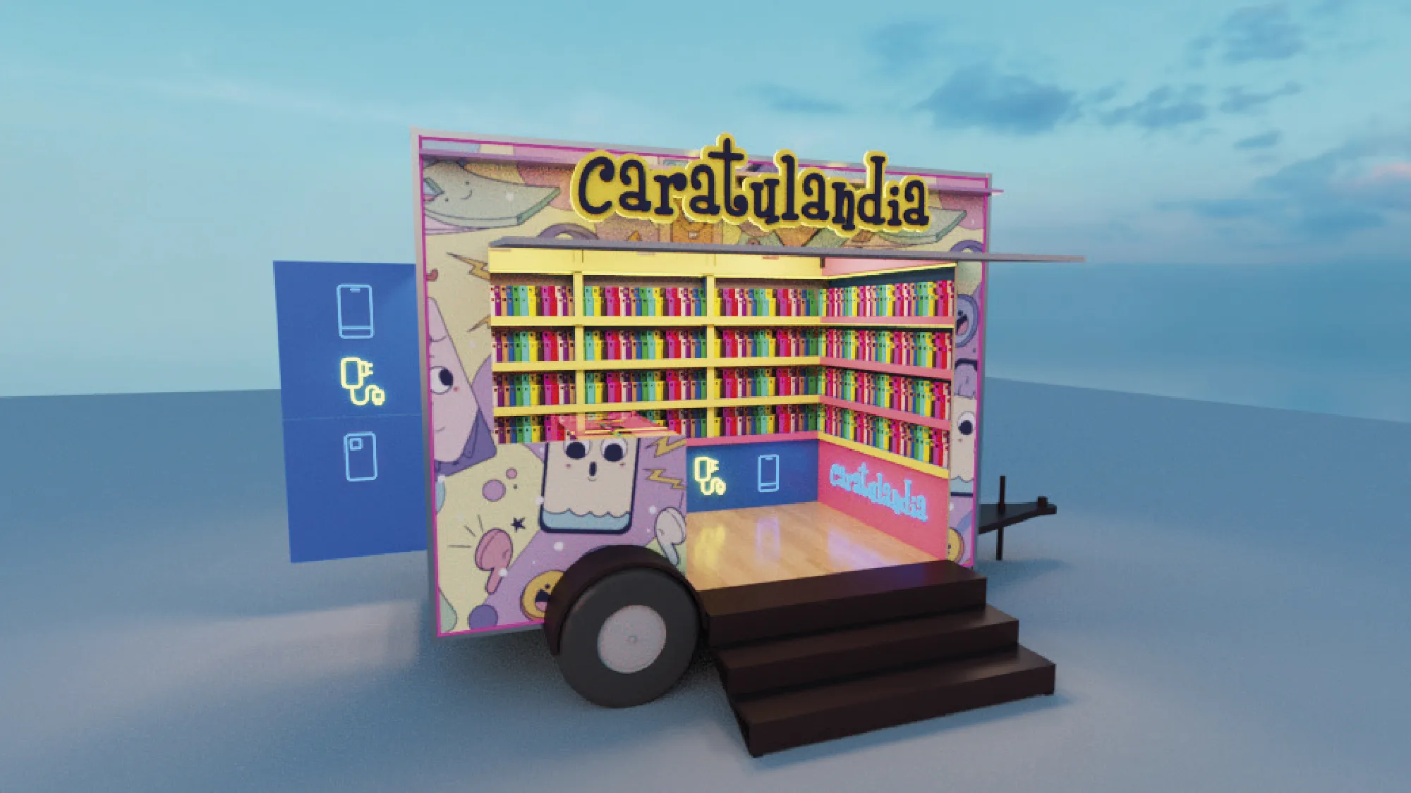 Render del puesto para diseño de sucursal de Caratulandia