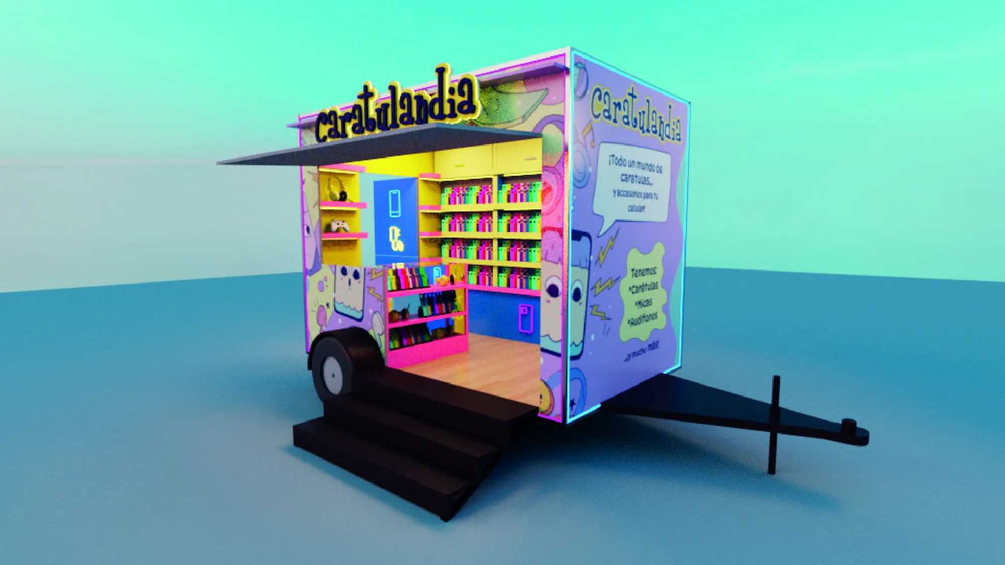 Render del puesto de diseño de sucursal de Caratulandia