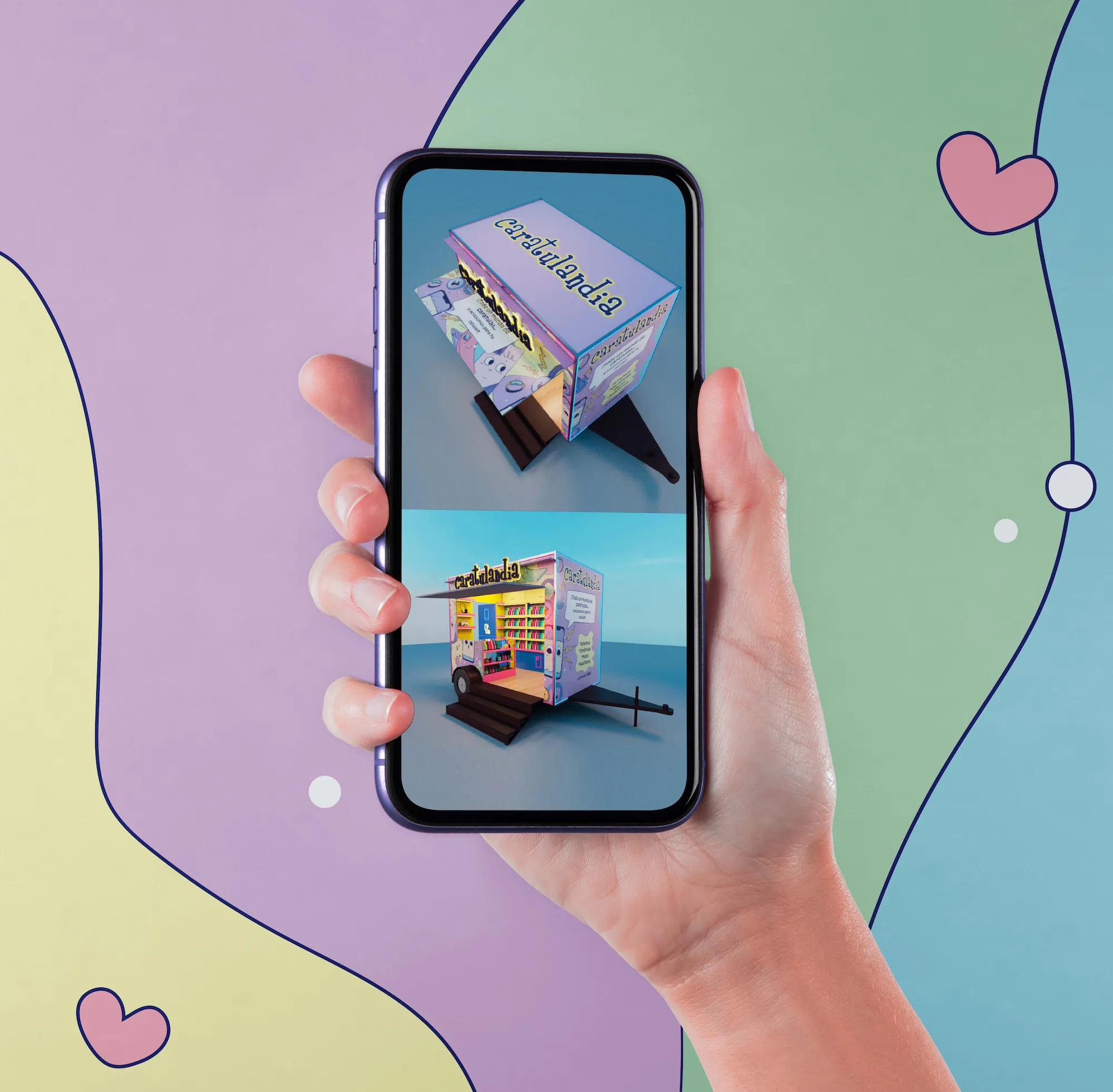 Celular con fotografías de diseño de sucursal de Caratulandia