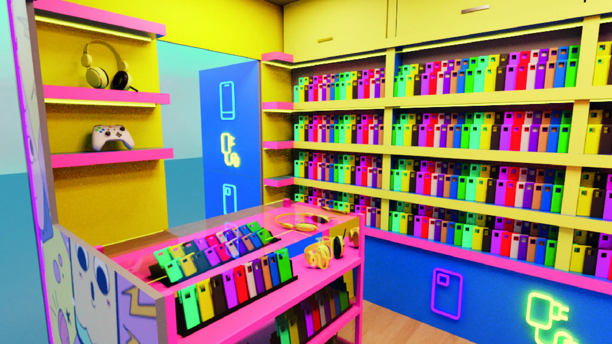 Render del interior diseño de sucursal de Caratulandia