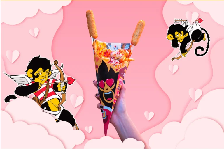 Cono de Monkey Papas con temática de San Valentin, ilustración de monos como cupido.