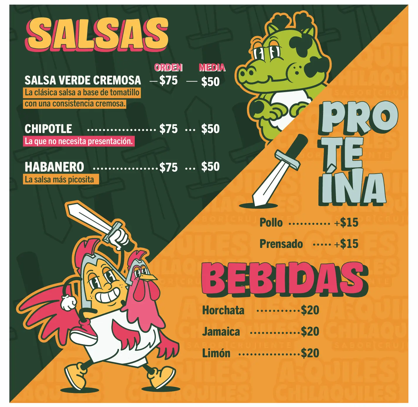 Logotipo de A-quiles Chilaquiles y menú para restaurante