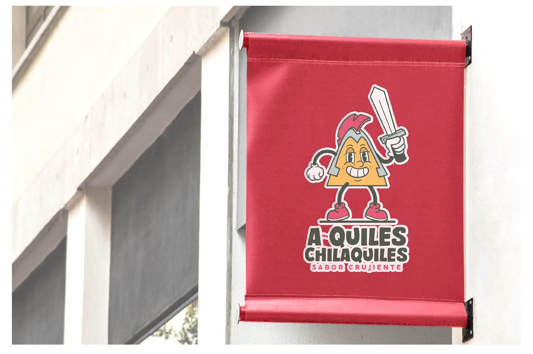 Logotipo de A-quiles Chilaquiles en lona en exterior