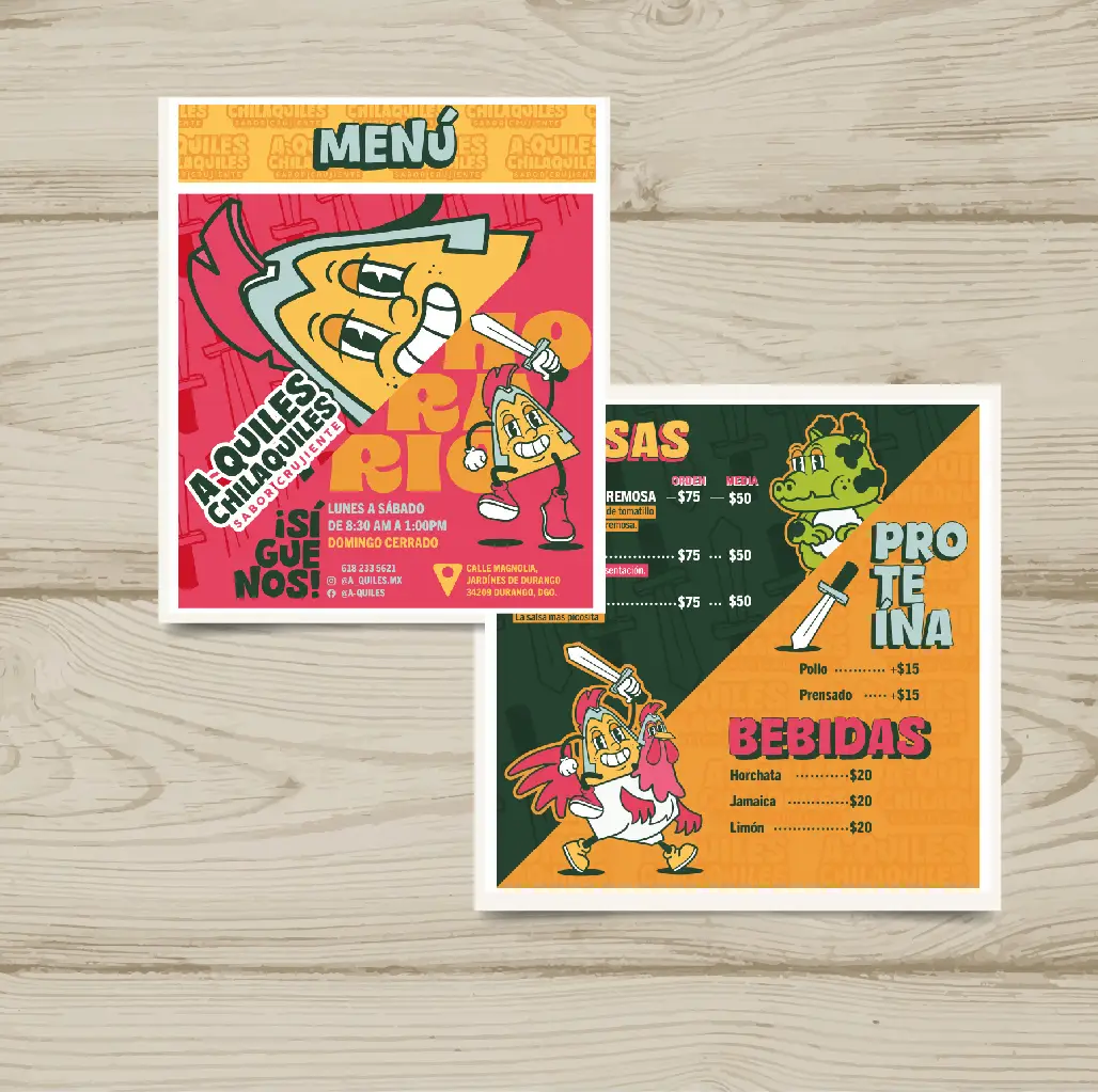 Logotipo de A-quiles Chilaquiles en menus impresos
