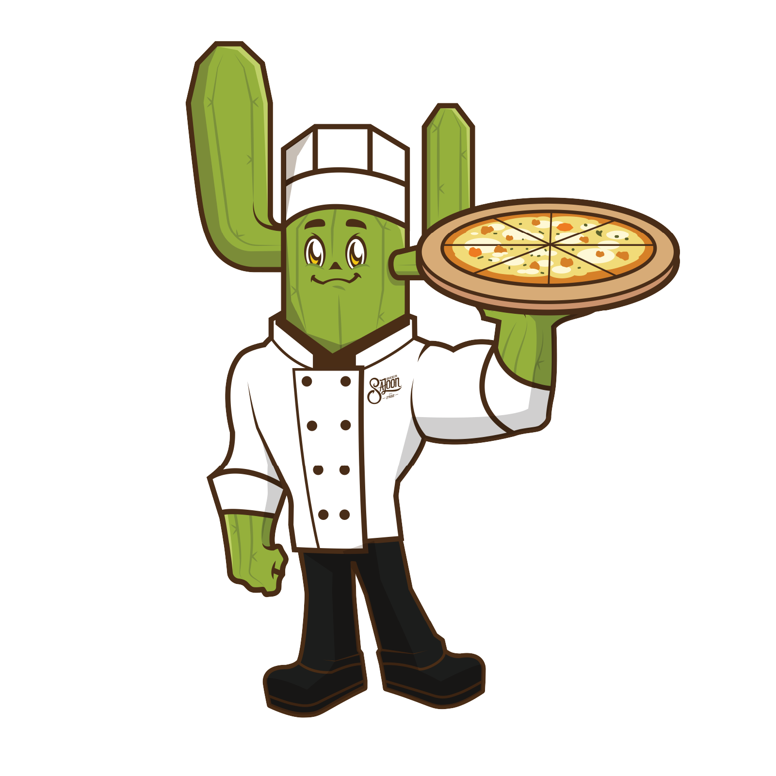 Ilustración de Beernardo vestido como chef sosteniendo una pizza