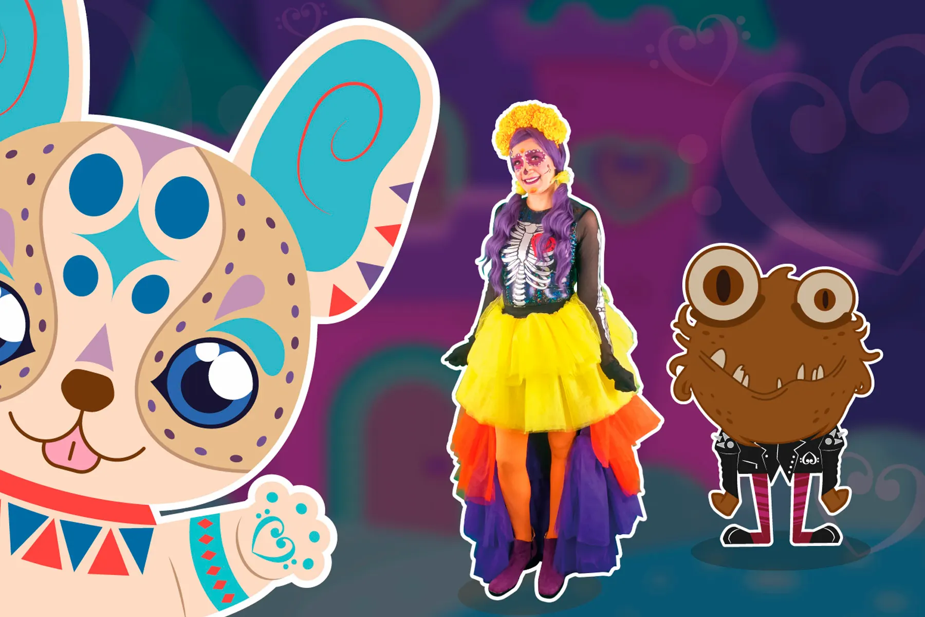 Fotografía de niña maquillada de Catrina junto a ilustraciones