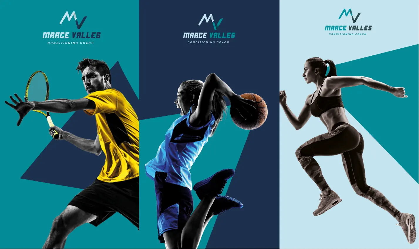 Logotipo de Marce Valles en conjunto con fotografía de atletas