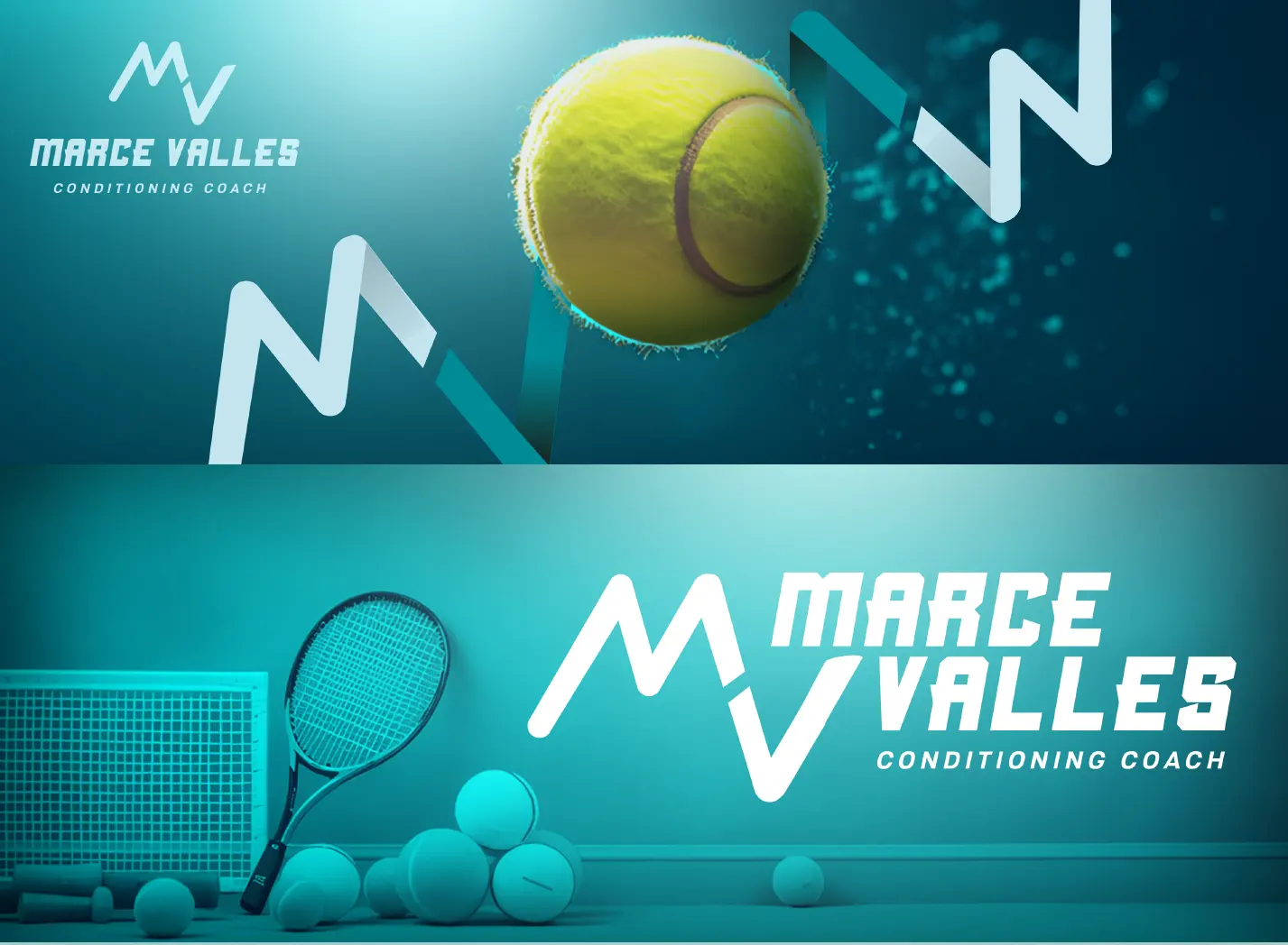 Logotipo de Marce Valles en conjunto con colores y pelota de golf