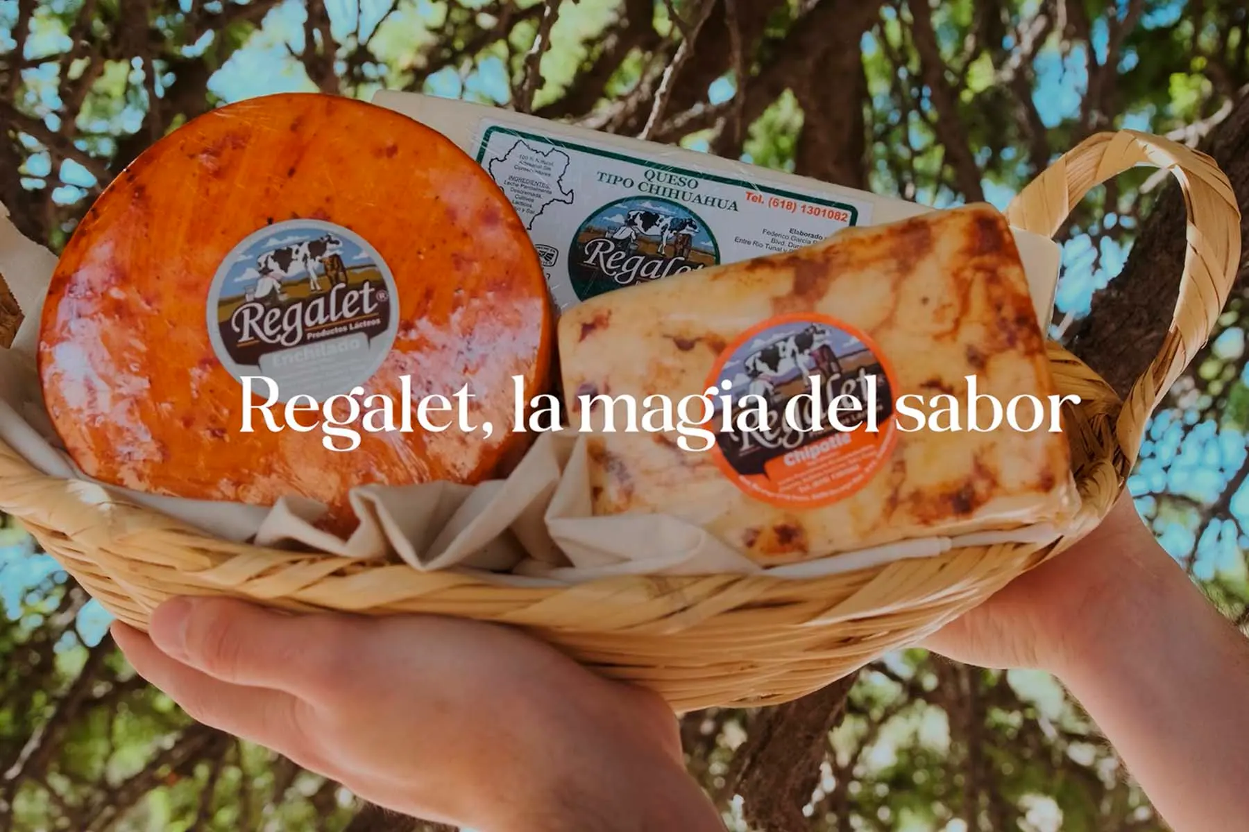 Dos manos sosteniendo una canasta con quesos Regalet