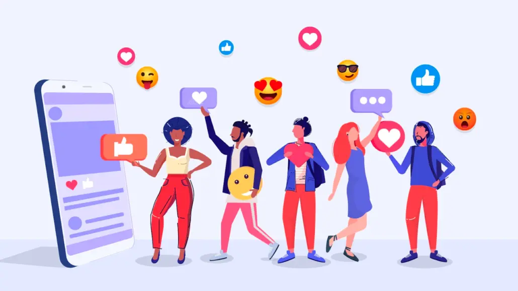 Ilustración de 5 personas al lado de un teléfono celular