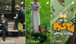 Tres imágenes: dos chicos mirándose con atuendo de época, mujer en campo a un lado de una gallina, ilsutración pasta.